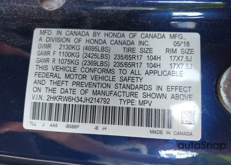 2018 Honda Cr-V Lx z USA, uszkodzony, nr VIN 2HKRW6H34JH214792